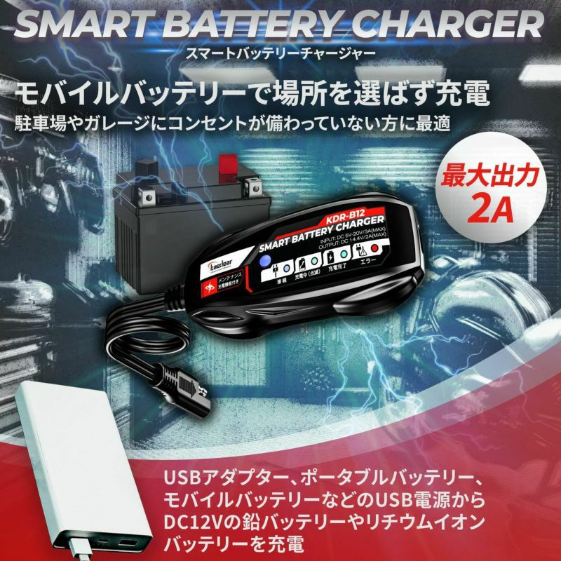 コンセント不要】USB入力対応スマートバッテリーチャージャー